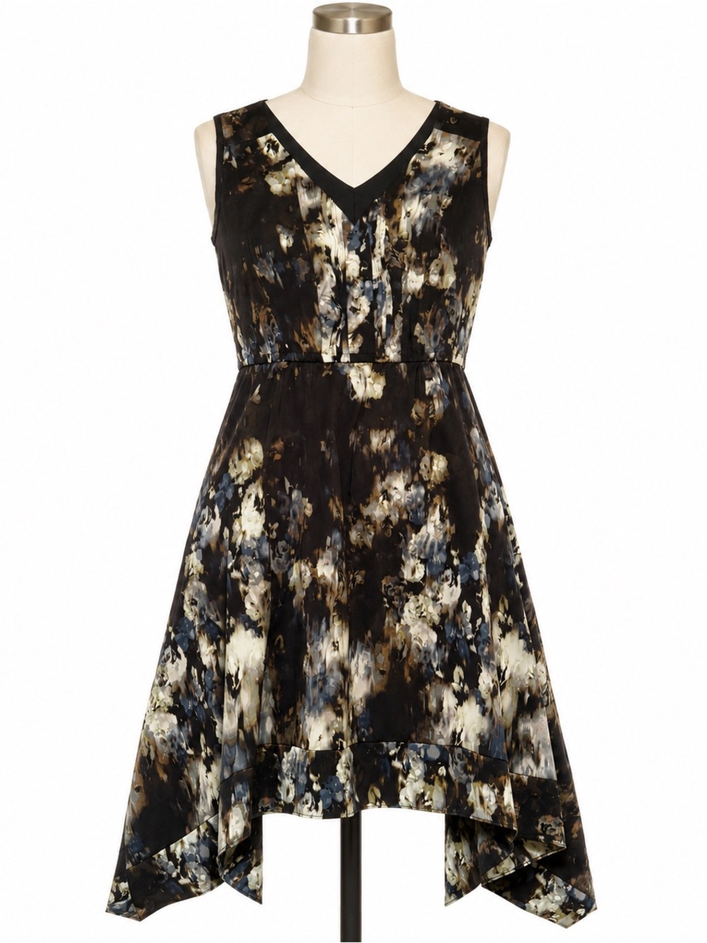 Simply Vera Vera Wang Black Floral V-Neck Handkerchief Hem Dress